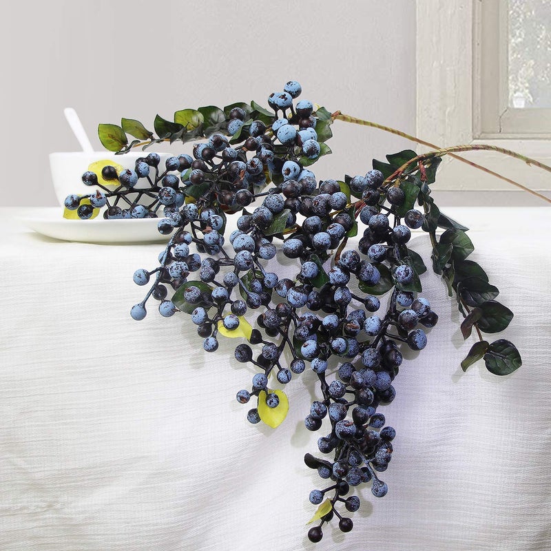Rinlong 2Pcs Artificial Blueberries Fake Berries Stems Hanging Spray Frosted Blueberry Fall Floral Picks for Wreath Thanksgiving Decoration - Image 4